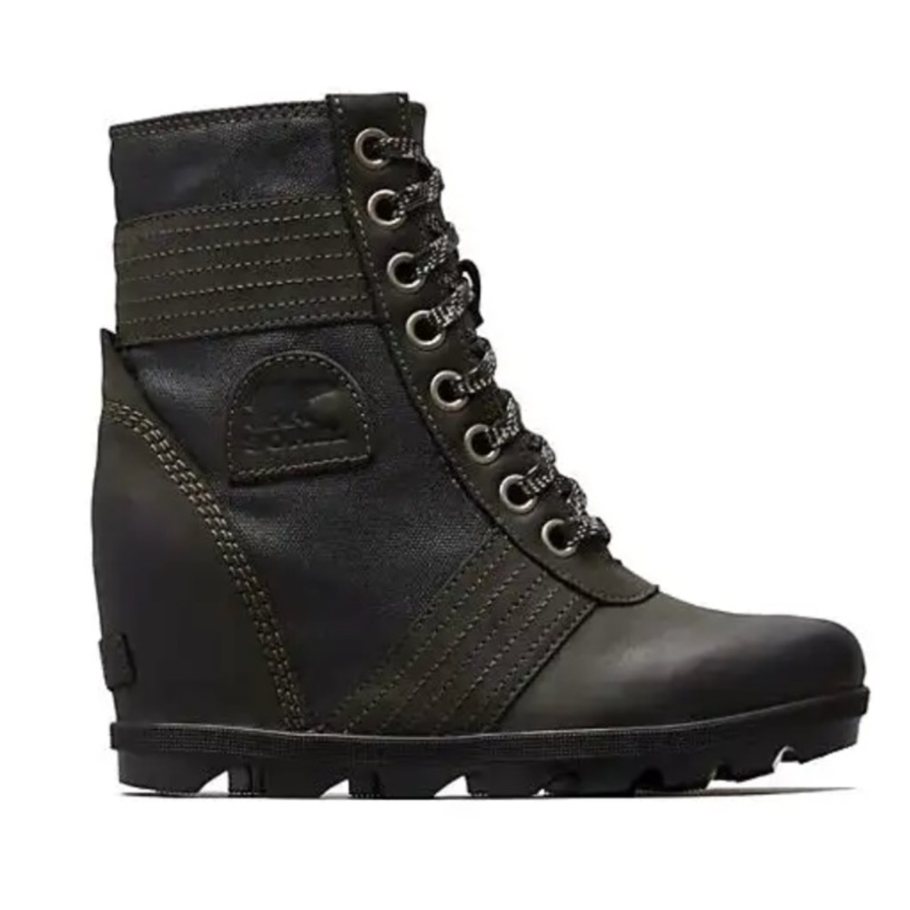 Sorel Womens LEXIE Black Wedge Leather Canvas Boots Booties